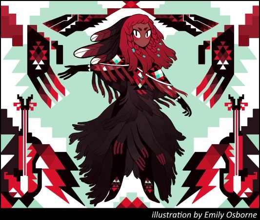 "Black, Their Regalia" by Darcie Little Badger (art by Emily Osborne)